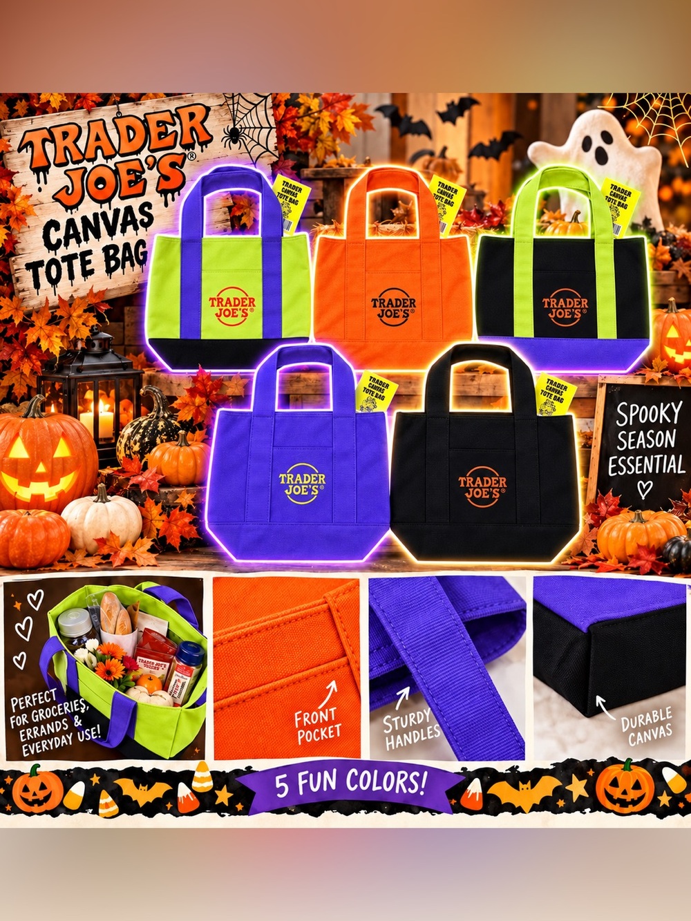 🍁🎃 Full Set of 5! Trader Joe’s Mini Canvas Tote Bags – Colorful Collectible Bags
